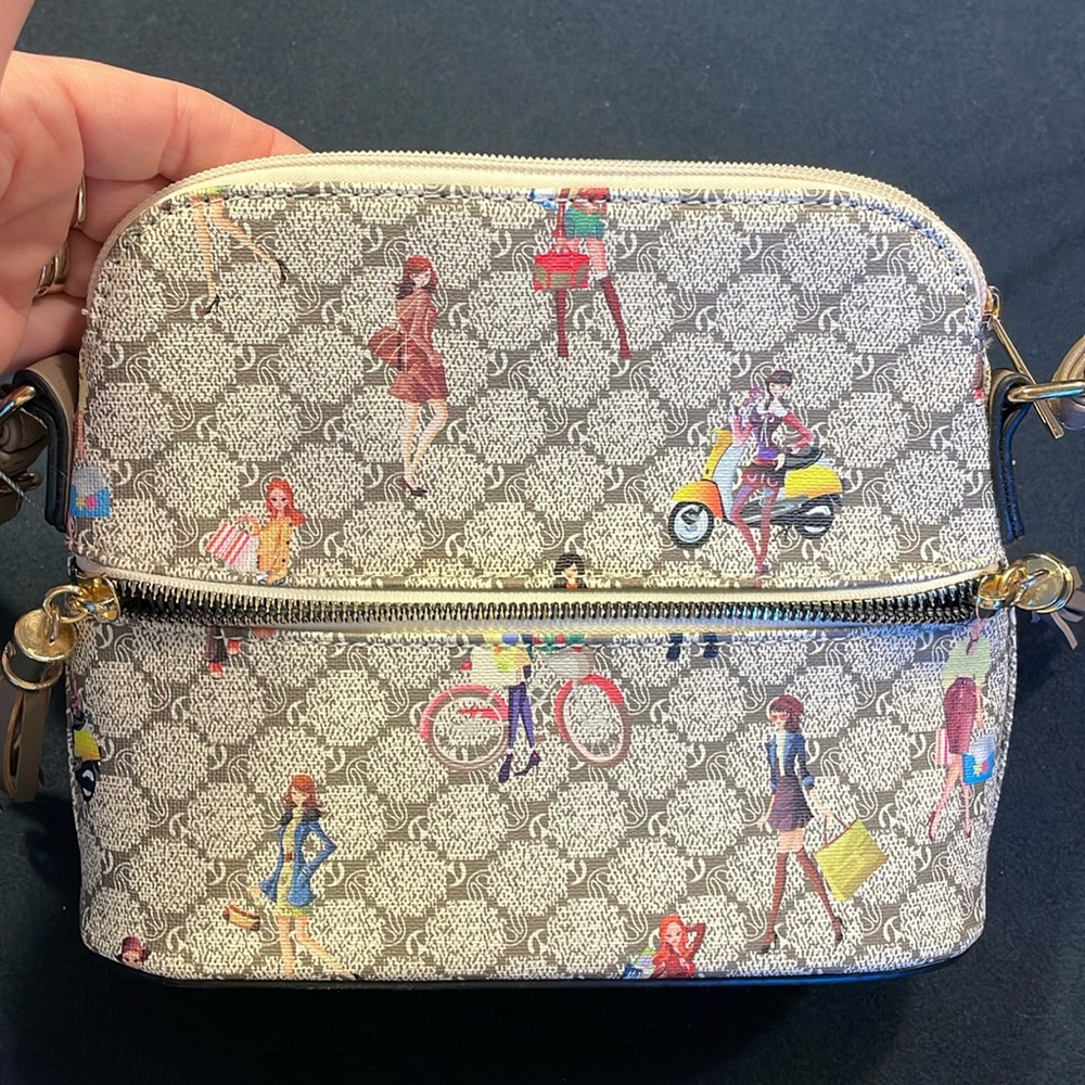Women’s crossbody bag with fashionista girls riding a bike, moped, carrying bags